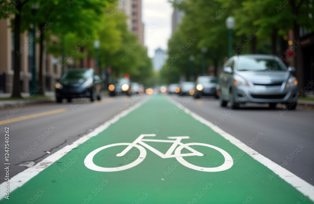 Obraz premium Urban street with designated bike lane. Cars drive on road. Green painted bike lane marked with a white bike symbol. City scene. Safe urban transportation infrastructure. Bike friendly city.