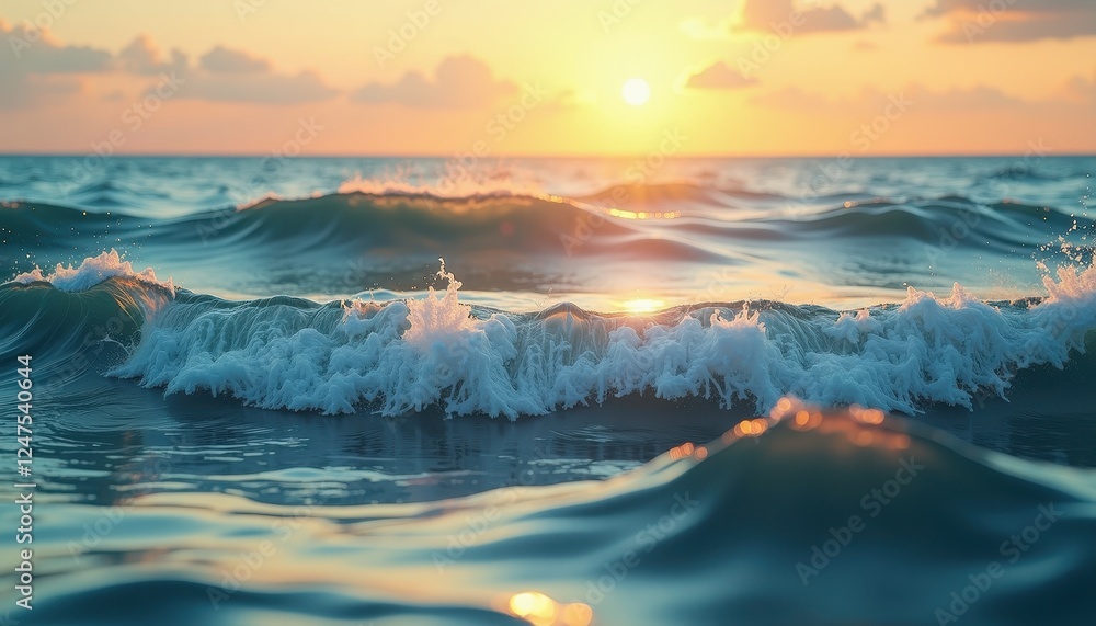 Fototapeta premium Serene Sunset Over Ocean Waves in Tranquil Nature Scene