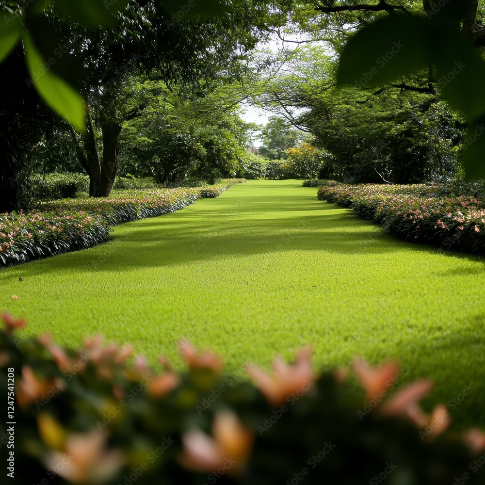 Fototapeta premium Scenic Garden Pathway Lined With Lush Green Grass And Flowers