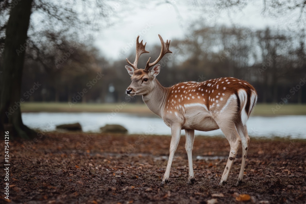 Fototapeta premium Majestic deer in autumn forest with soft focus. Artificial Intelligence