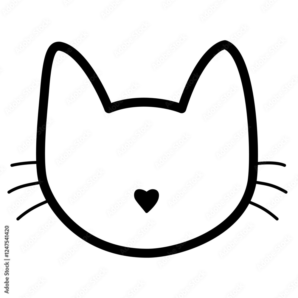 Icon of a cat's head with large ears, heart-shaped nose, whiskers, affection, playfulness, love,pet lovers, representing a cute, friendly cat face with a fun, warm character and sweet emotions. Icon of a cat's head with large ears, heart-shaped nose, whiskers, affection, playfulness, love,pet lovers, representing a cute, friendly cat face with a fun, warm character and sweet emotions.
