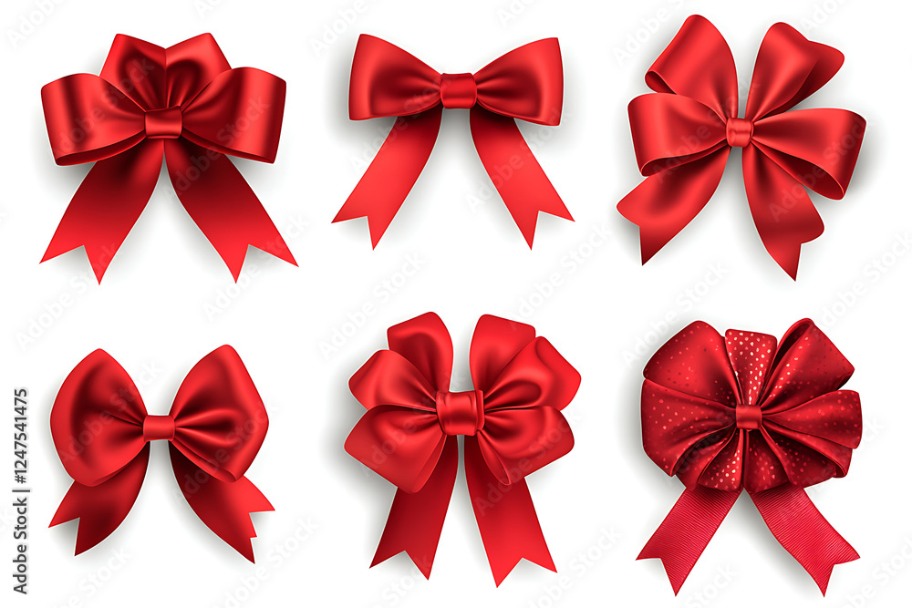 A collection of six red decorative bows in various styles for gift wrapping. A collection of six red decorative bows in various styles for gift wrapping.