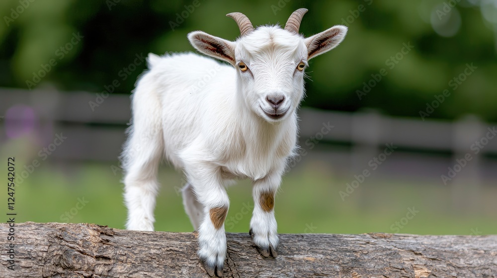 Obraz premium Young goat on log, farm background, playful kid