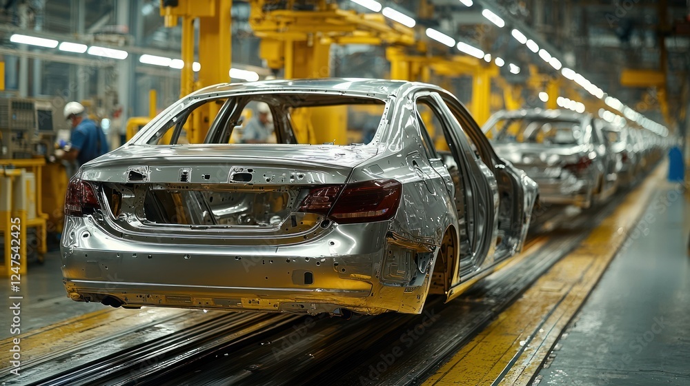 Car Assembly Line Factory Workers Building Sedans Car Assembly Line Factory Workers Building Sedans