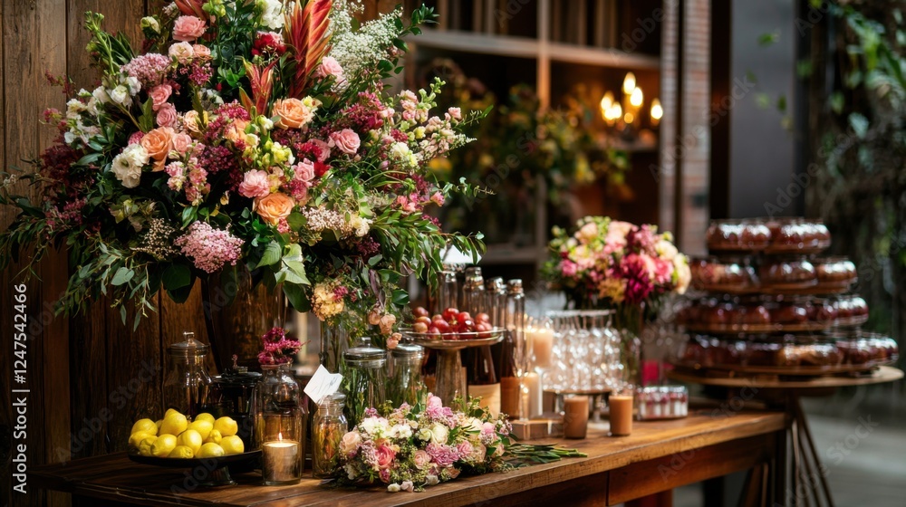 rustic wedding buffet table with floral arrangements and dessert rustic wedding buffet table with floral arrangements and dessert