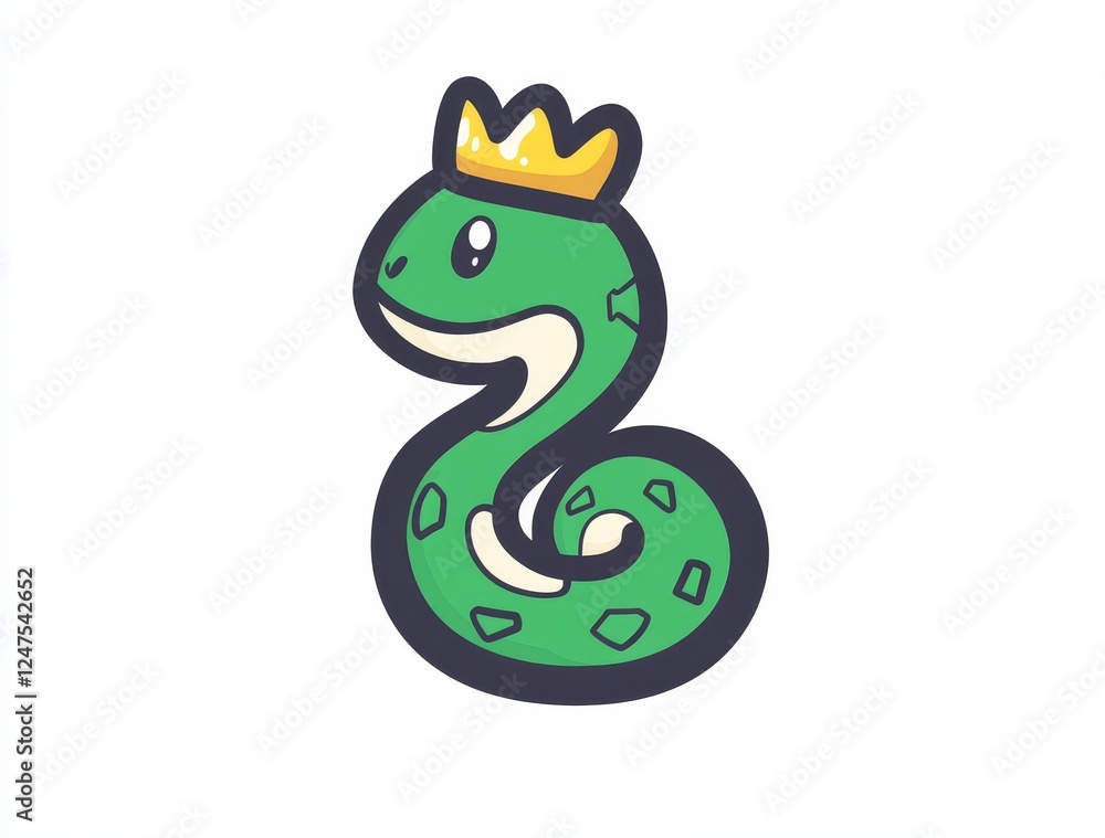 A hand-drawn cartoon showcasing a green snake with a crown perched on its head A hand-drawn cartoon showcasing a green snake with a crown perched on its head