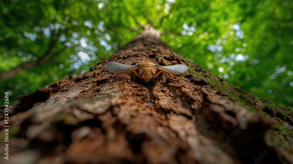 Cicada on tree trunk, forest canopy background, nature close-up Cicada on tree trunk, forest canopy background, nature close-up
