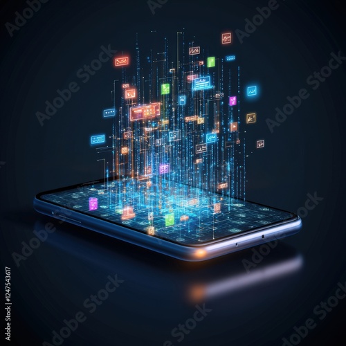 A smartphone projecting a glowing 3D interface.