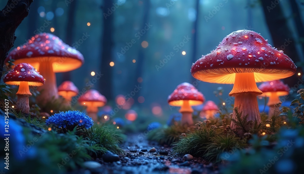 Fototapeta premium Magical night forest path. Glowing mushrooms illuminate enchanted forest. Fireflies sparkle. Blue flowers add charm. Dreamy fantasy scene. Perfect for fairytale book cover fantasy game assets.