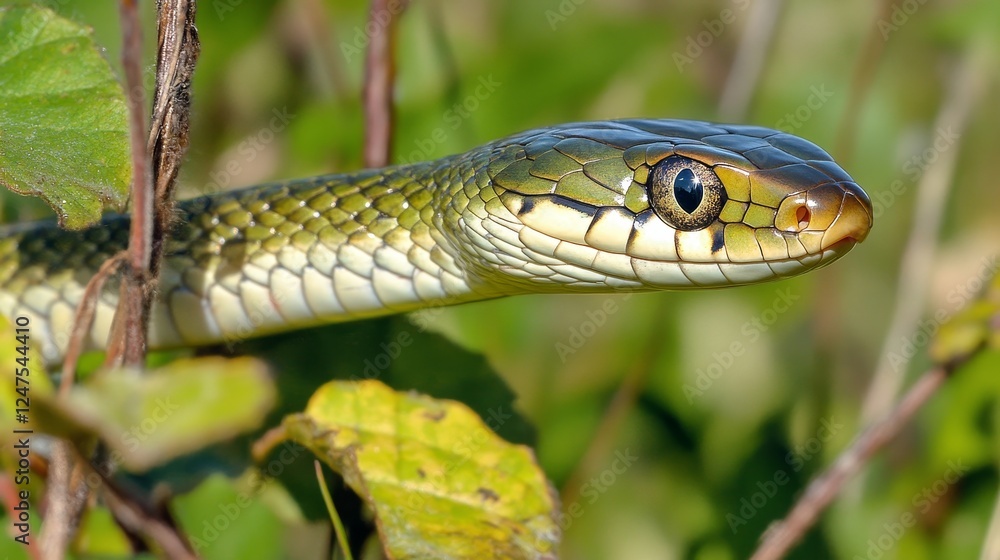 Hidden in the dense greenery, a snake with a green hue peers out, its eyes glowing ominously as it moves to capture its prey Hidden in the dense greenery, a snake with a green hue peers out, its eyes glowing ominously as it moves to capture its prey
