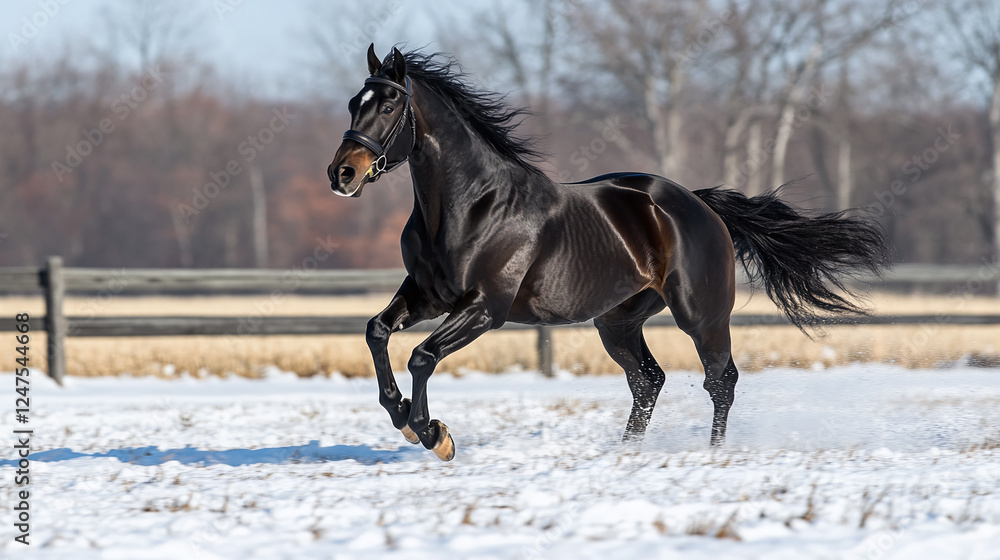 Beautiful black horse running or galloping in the snow outdoors during cold winter weather season. Beautiful black horse running or galloping in the snow outdoors during cold winter weather season.