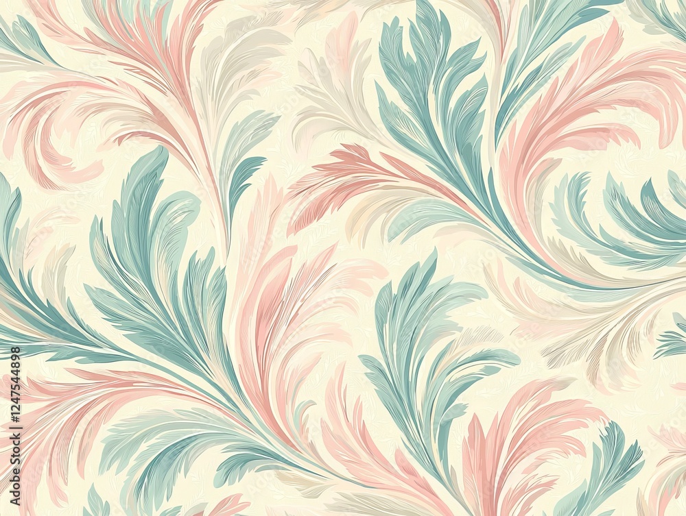 Intricate overlapping feathers in a pastel palette of pink, teal, and beige, forming an elegant repetitive texture on a creamy backdrop Intricate overlapping feathers in a pastel palette of pink, teal, and beige, forming an elegant repetitive texture on a creamy backdrop