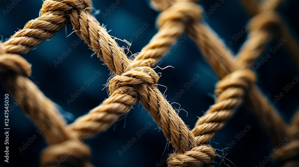 Intricate weaving of natural string in geometric patterns on a deep navy backdrop, softly lit to highlight texture and shadows, macro photography, high contrast Intricate weaving of natural string in geometric patterns on a deep navy backdrop, softly lit to highlight texture and shadows, macro photography, high contrast