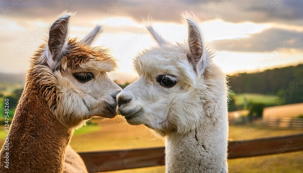 Obraz premium Two charming alpacas gently press their noses together, showcasing a heartwarming connection. The backdrop features a picturesque sunset and lush green fields, creating a soothing atmosphere