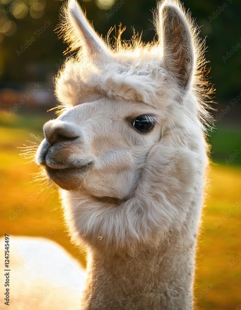 Obraz premium Under the warm glow of the setting sun, a fluffy alpaca gazes curiously. Its gentle expression and soft wool create a delightful and calming presence, perfect for nature lovers