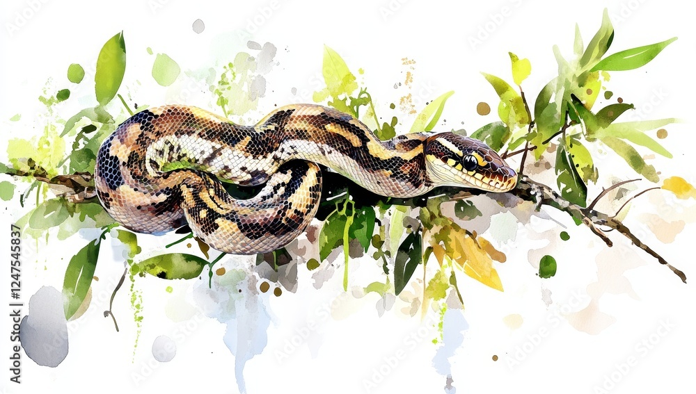 Naklejka premium A baby python snake, an intriguing reptile, captured in a watercolour painting on a pristine white canvas