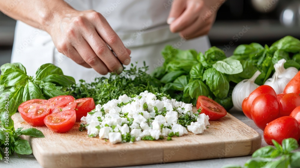Chef preparing feta salad with herbs Chef preparing feta salad with herbs