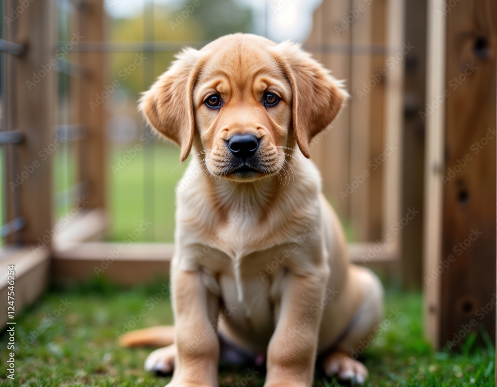 Adorable little golden retriever puppy sitting outdoors on grass. Puppy looks pensive, cute. Outdoor setting grassy area with wooden fence behind. Puppy small breed. Close-up portrait of puppy. Adorable little golden retriever puppy sitting outdoors on grass. Puppy looks pensive, cute. Outdoor setting grassy area with wooden fence behind. Puppy small breed. Close-up portrait of puppy.
