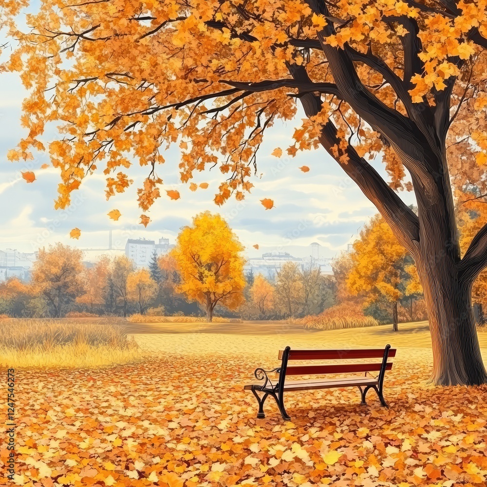 Serene autumn park scene with bench under golden maple tree, falling leaves, cityscape background. Serene autumn park scene with bench under golden maple tree, falling leaves, cityscape background.