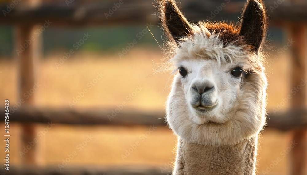 Obraz premium A fluffy alpaca stands in a sunlit farm environment, its charming quizzical expression captivating any onlooker. This delightful creature embodies the tranquility of rural life and the joy of nature