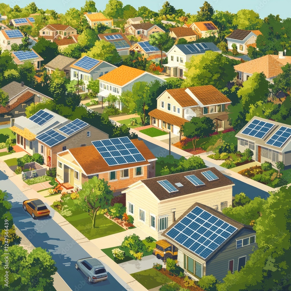 Aerial view of a suburban neighborhood with numerous houses equipped with solar panels on their roofs, showcasing sustainable energy and eco-friendly living. Aerial view of a suburban neighborhood with numerous houses equipped with solar panels on their roofs, showcasing sustainable energy and eco-friendly living.