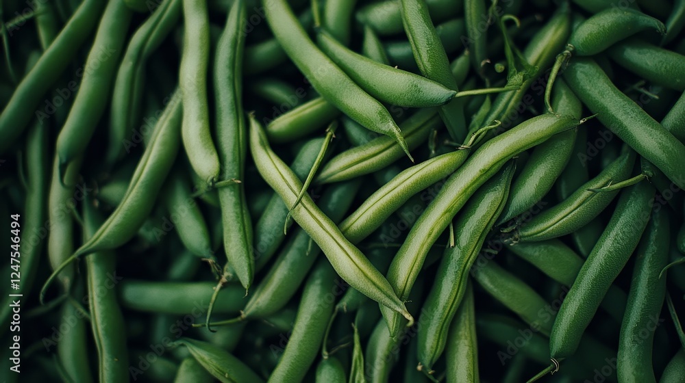 Isolated pile of fresh green beans, shot dynamically with natural overlaps, white negative space creating visual balance Isolated pile of fresh green beans, shot dynamically with natural overlaps, white negative space creating visual balance