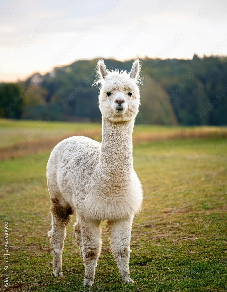 Obraz premium A delightful shorn alpaca flaunts its fluffy head while standing in a vibrant pasture, basking in the warm golden light of the late afternoon. Its charming presence brings joy and serenity
