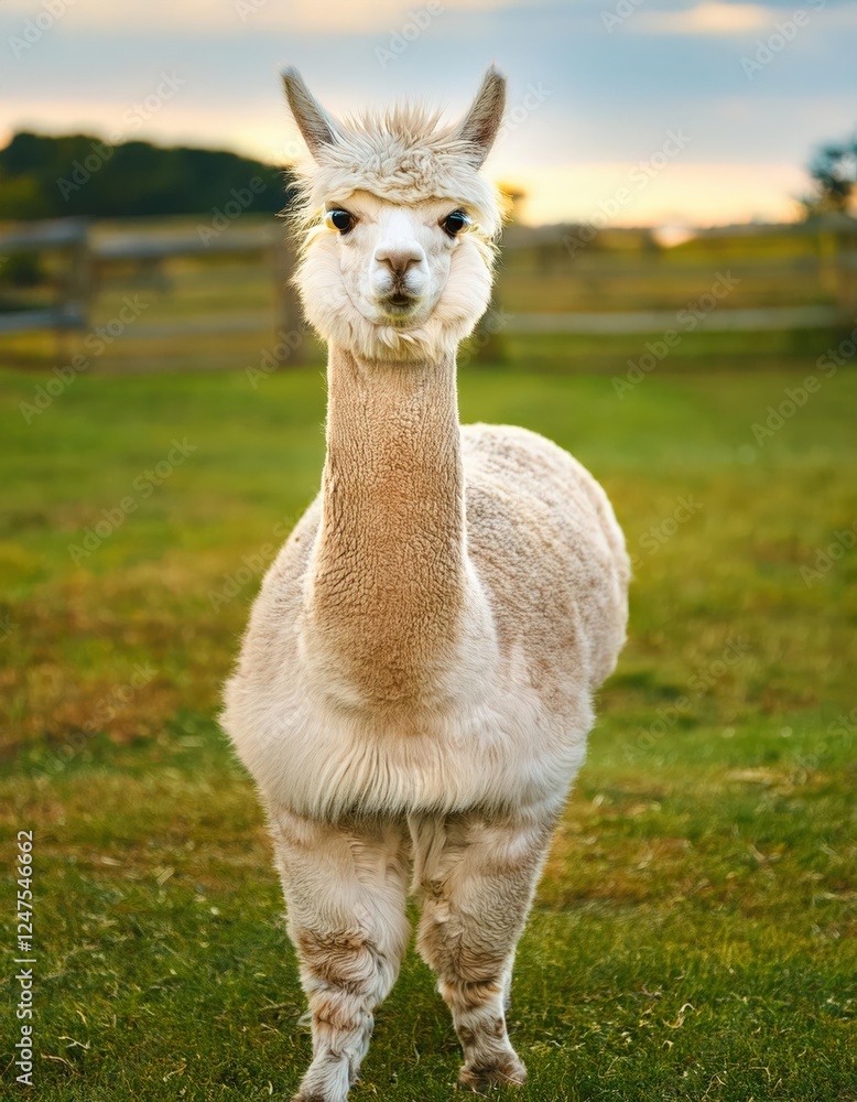 Obraz premium In a vibrant pasture, a charming alpaca stands tall with a fluffy head and warm demeanor, radiating joy and inviting smiles during a serene afternoon