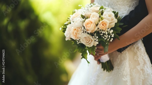 romantic wedding bouquet of peach and white roses photo