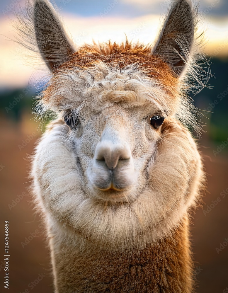 Obraz premium A charming and fluffy alpaca stares into the lens with curious eyes, surrounded by nature's beauty. The soft light of dusk emphasizes its adorable features and delightful woolly coat