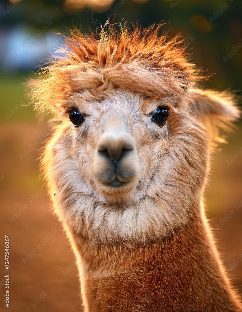Fototapeta premium A fluffy alpaca stares directly into the camera, its whimsical fur radiating warmth and charm. The soft colors and natural background enhance the soothing atmosphere of this delightful creature