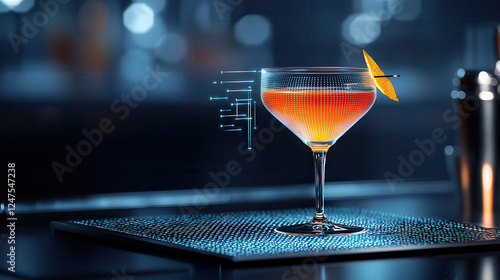 futuristic cocktail in high tech lounge, featuring vibrant colors and digital elements. drink is garnished with orange slice, creating visually stunning experience