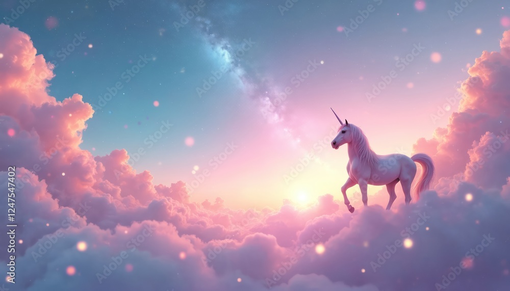 White unicorn walks among soft pink clouds in pastel sky with stars. Magical fantasy scene. Holographic effect creates dreamy atmosphere. Sunrise sunset. Perfect for kids designs. Cute princess White unicorn walks among soft pink clouds in pastel sky with stars. Magical fantasy scene. Holographic effect creates dreamy atmosphere. Sunrise sunset. Perfect for kids designs. Cute princess