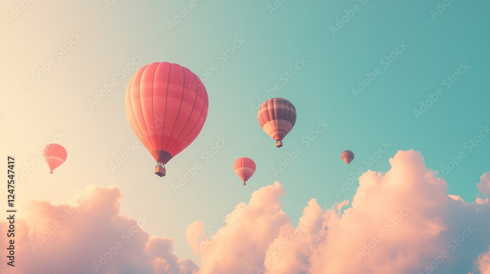 Fototapeta premium Hot air balloons soar above pastel clouds at sunrise, idyllic travel scene