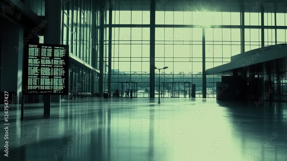 Airport terminal arrival hall, sunny day, departures board, city view, travel Airport terminal arrival hall, sunny day, departures board, city view, travel