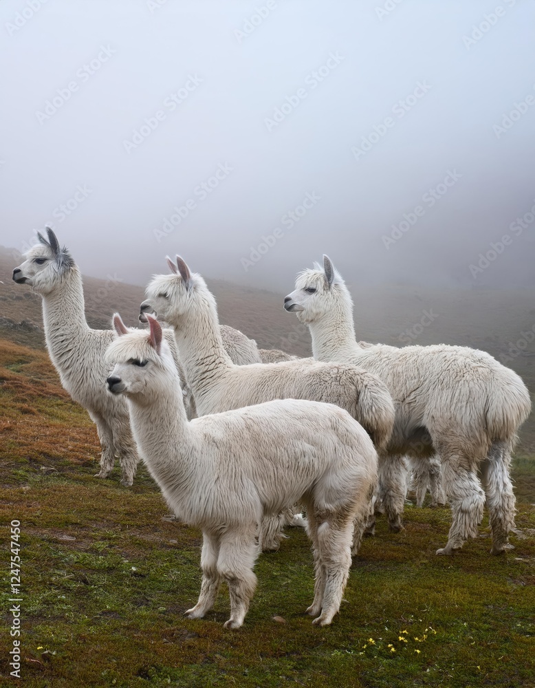 Fototapeta premium In the fog-drenched highlands, a group of gentle alpacas grazes peacefully. Their fluffy coats contrast beautifully with the soft, muted landscape, creating an ethereal atmosphere