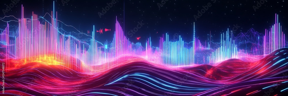 Obraz premium Abstract neon audio bars and glowing line background