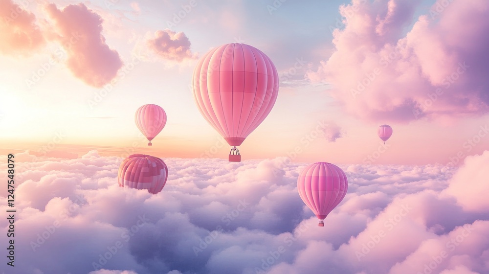 Fototapeta premium Pink hot air balloons soar above dreamy cloudscape at sunrise; travel, fantasy (1)