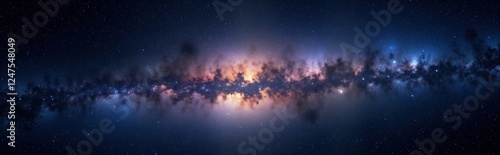 Vast panorama view of night sky speckled with countless stars. Milky way galaxy stretches across image with vibrant hues of purple, blue. Colorful nebulae, glowing clouds of gas add cosmic depth. photo