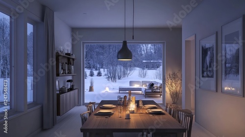 Cozy winter dining room, snowy view, night, interior design photo