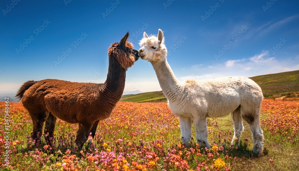 Obraz premium Cuddly alpacas joyfully touch noses in a vibrant wildflower field, embodying a whimsical and heartwarming connection amid nature's beauty. Their fluffy fur glistens in the sunlight