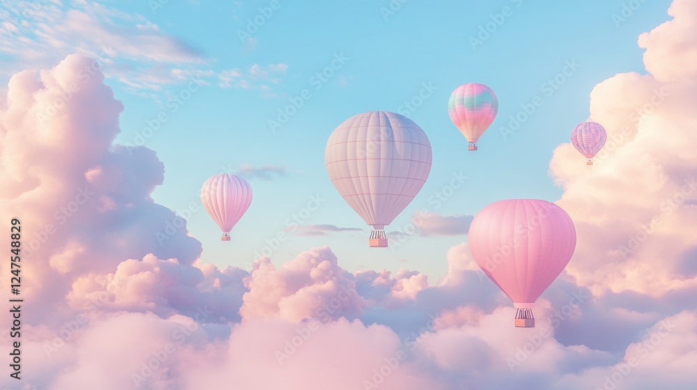 Obraz premium Pastel hot air balloons soar above fluffy clouds at sunrise; travel, dreamscape