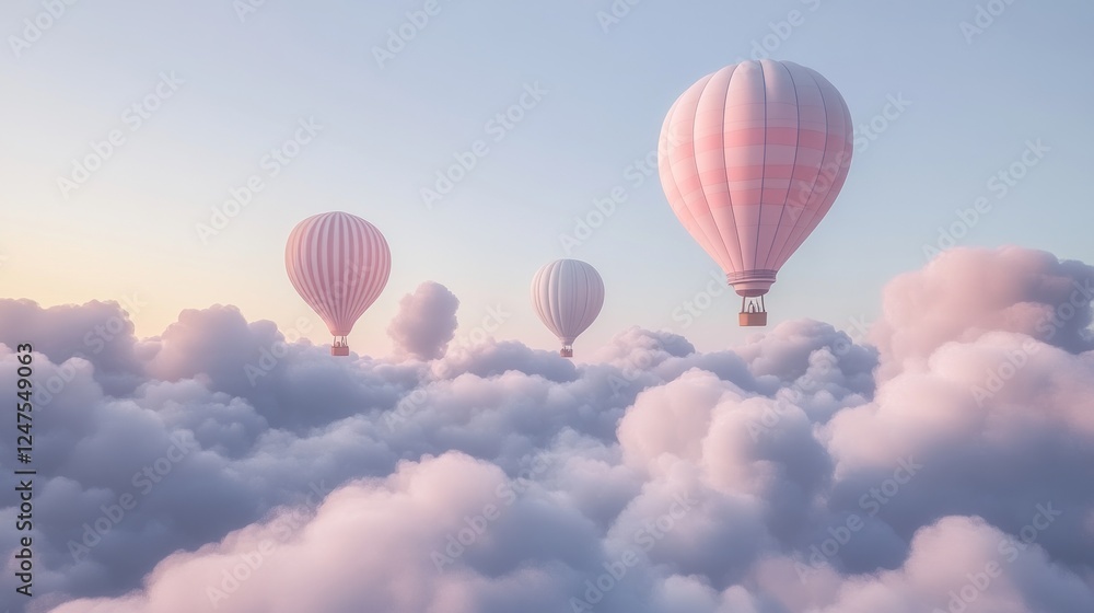 Obraz premium Pink hot air balloons soar above clouds at dawn; travel, freedom concept