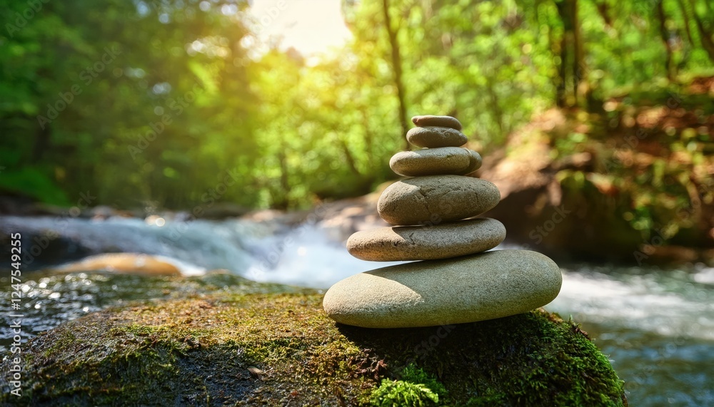 A serene setting unfolds beside a gentle forest stream, where a carefully balanced stone pyramid stands gracefully, inviting feelings of calm and tranquility A serene setting unfolds beside a gentle forest stream, where a carefully balanced stone pyramid stands gracefully, inviting feelings of calm and tranquility