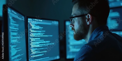Male expert focuses on computer screens filled with code. Dark office room setting. Tech pro analyzes security data. Intense concentration on cyber protection system. Nighttime scene in tech