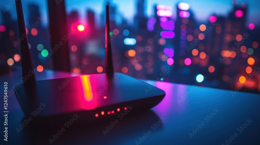 Night city view, router, wireless, internet, connection, home, office, technology, signal, data Night city view, router, wireless, internet, connection, home, office, technology, signal, data