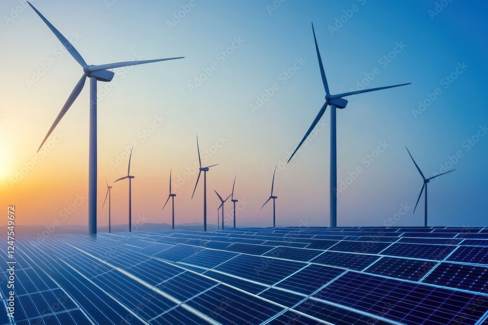 Sunrise over solar and wind farm Sunrise over solar and wind farm