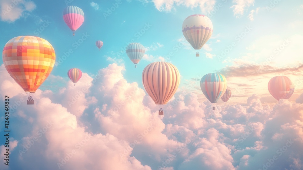 Fototapeta premium Colorful hot air balloons soar above fluffy clouds at sunrise, idyllic travel advertisement