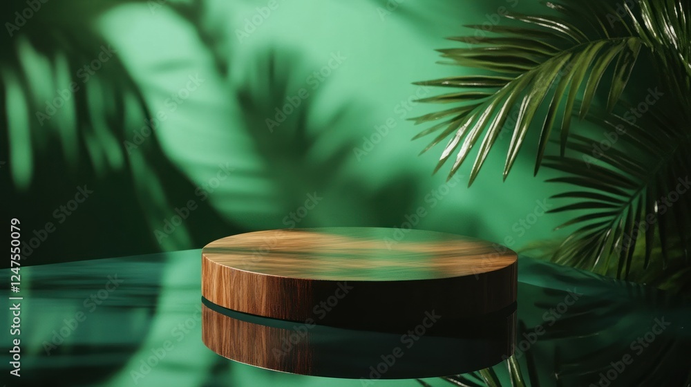 Tropical wood podium, green background, leaf shadows, product display