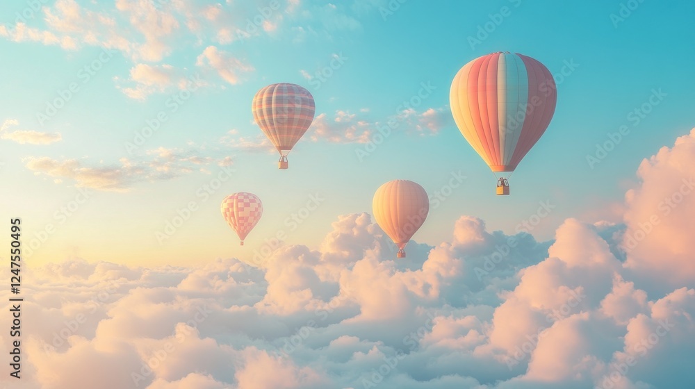 Fototapeta premium Hot air balloons soar above clouds at sunrise, travel, freedom